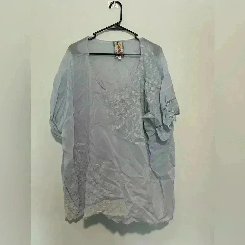 Johnny Was Blue Embroidered Womens Blouse Short Sleeve Size 2X